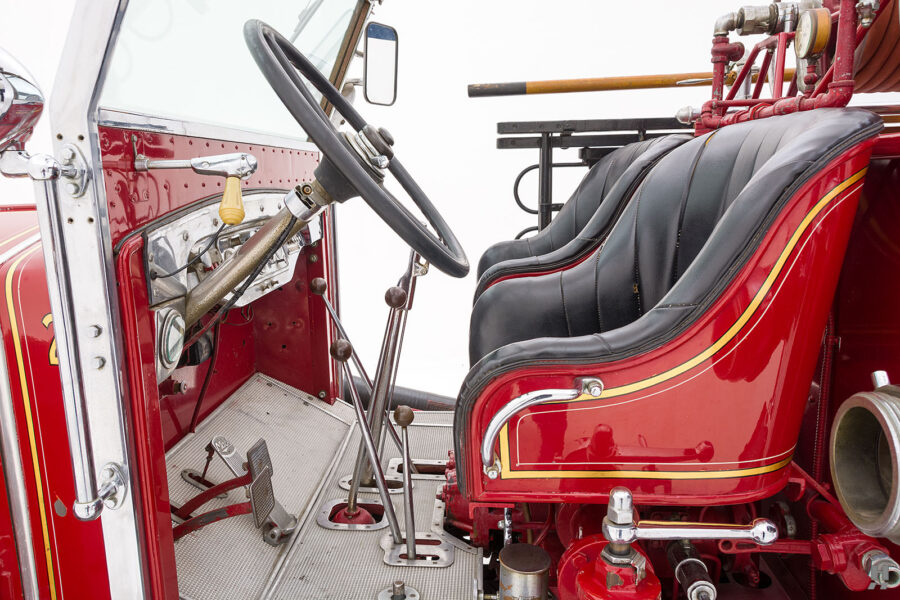 front seats and steering wheel of mack fire truck for sale at hyman classic car dealership