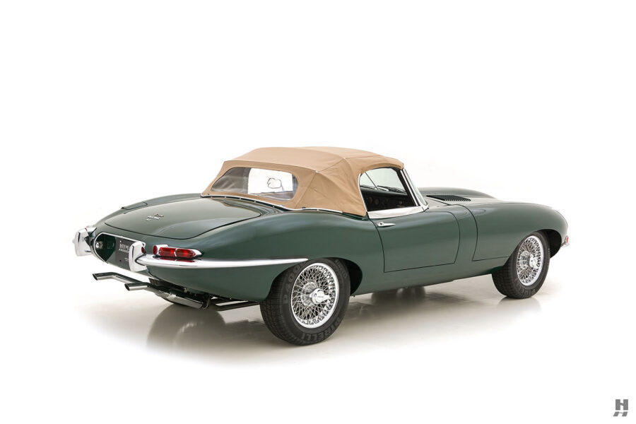 angled view of old jaguar XKE roadster for sale at hyman automobile dealers
