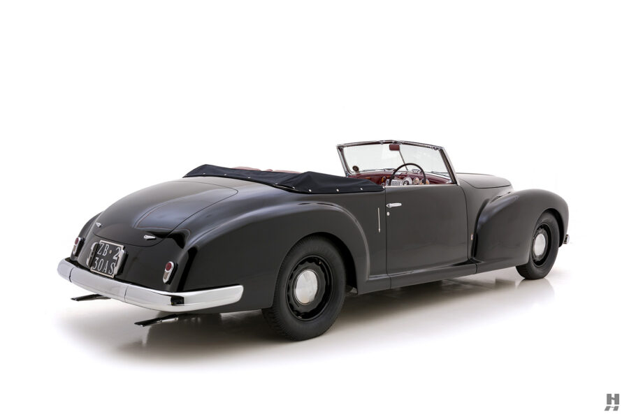 angled backside of vintage 1938 lancia cabriolet for sale at hyman classic cars