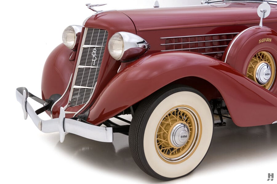 angled frontside of old 1935 auburn convertible sedan for sale at hyman classic cars