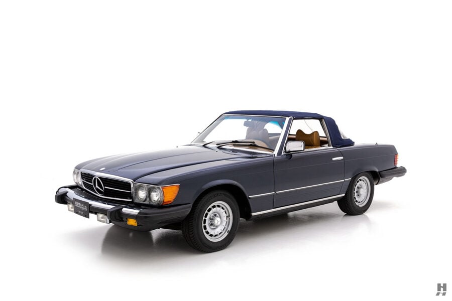 front of vintage 1979 Mercedes-Benz 450 SL for sale by Hyman classic cars